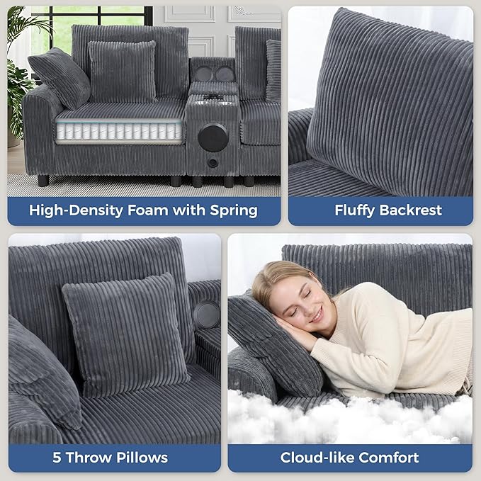 114 Corduroy Modular Sectional Sofa with Bluetooth Speakers &amp USB Ports Deep Seat L Shaped Couch with Storage Console Cup Holders Movable Ottoman Cloud Comfy Gaming Sofa for Living Room (Gray
