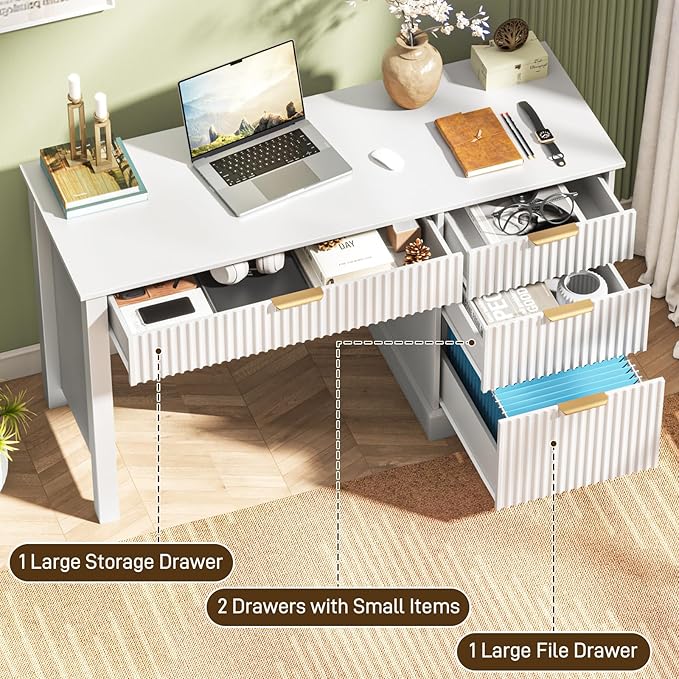 Vabches Fluted Executive Desk with Drawers Wood Computer Desk with Ample File Drawer Home Office Desk with Storage for Study Bedroom Living Room White