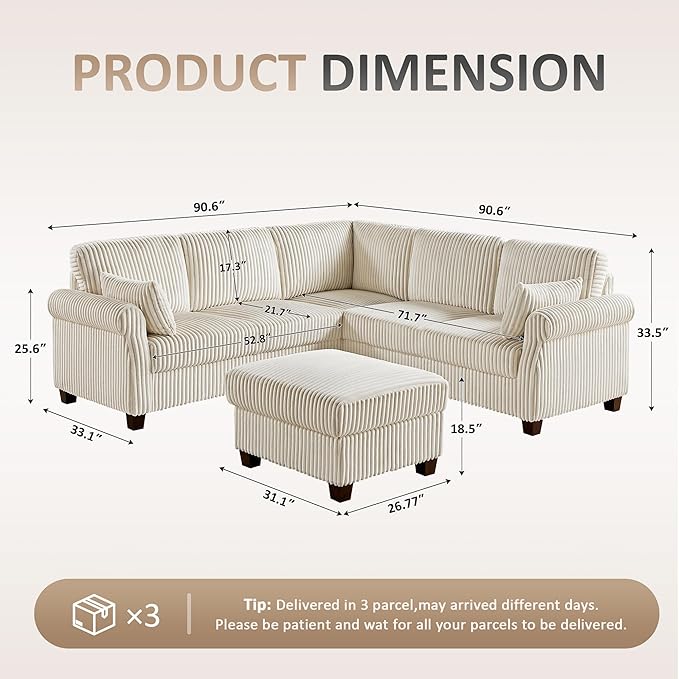 90.6 V-Shaped Modular Sectional Sofa Couch Corduroy Corner Couches with Storage Ottoman 6-Seat Upholstered Oversized Couch Modern Sofa for Living Room Bedroom Apartment Office (Beige)