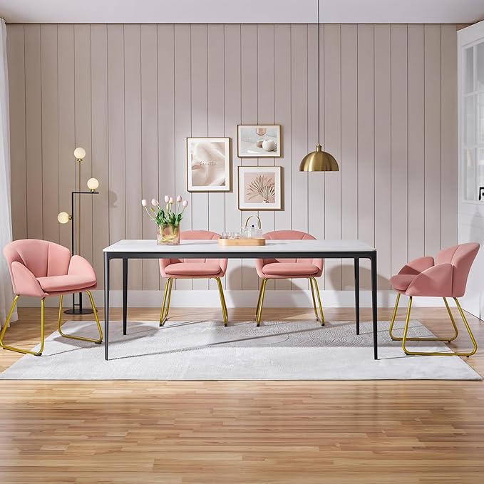Yaheetech Velvet Living Room Chair Flower Shaped Armchair with Golden Legs Upholstered Side Chair for Vanity Room Living Room Kitchen Set of 2 Pink