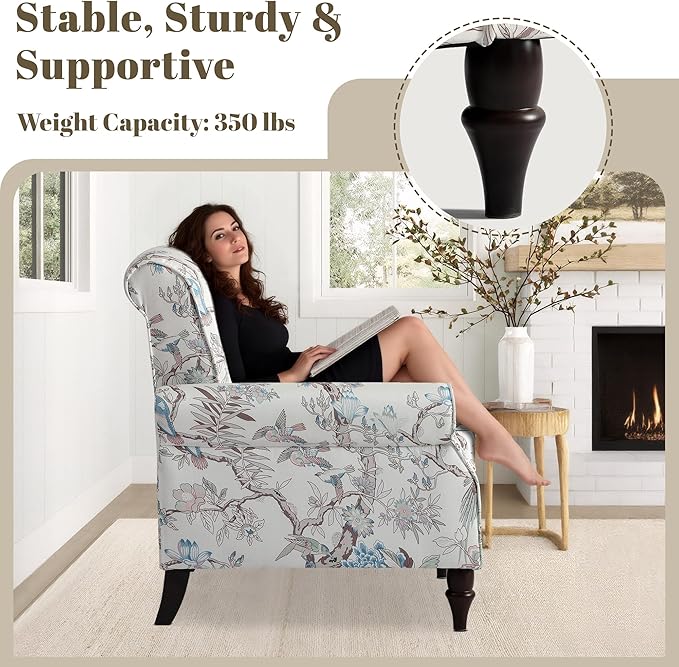 Oversized Floral Accent Chair Set of 2 Upholstered Living Room Armchair with Wooden Legs Comfy Reading Lounge Chair for Bedroom Home Office (Floral &amp Bird Pattern)