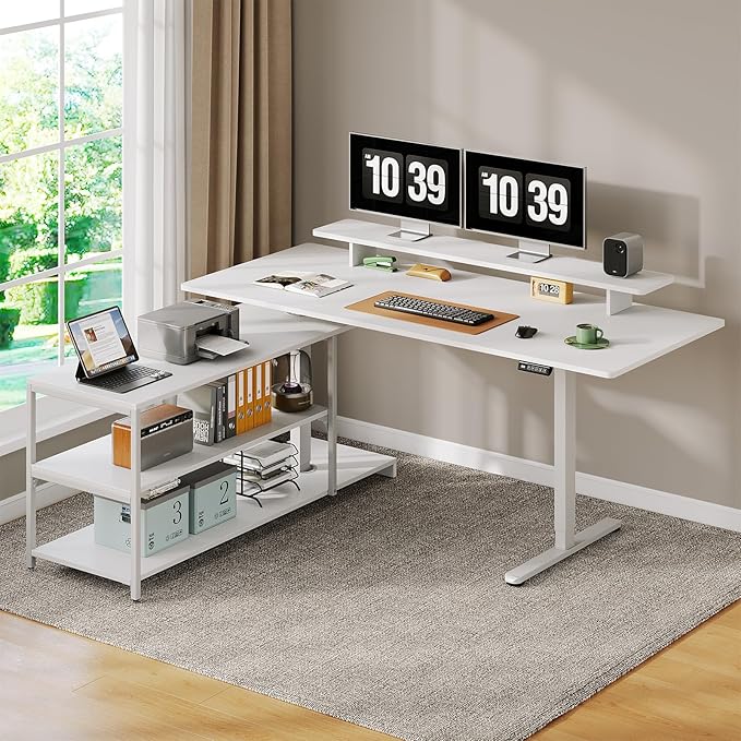 Standing Desk with File Cabinet 63x24'' L Shaped Electric Stand Up Desk with Adjustable Monitor Shelf Adjustable Height 28-46'' for Home and Computer Workstation White