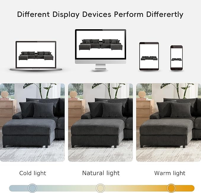 Sectional Sofa Corduroy Cloud Sofa with Bluetooth Speakers L-Shaped Couch with Console USB Charger Cup Holders Storage 6 Seats Deep and Wide Seat Couch for Living Room (Dark Grey)