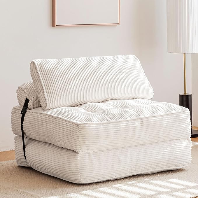 GYUTEI Folding Sofa Bed Convertible Sleeping Chair with Backrest Support and Soft Corduroy FabricFold Couch Bed with Pillow for Small Spaces/Living Room/Bedroom/Apartment Single SizeBeige