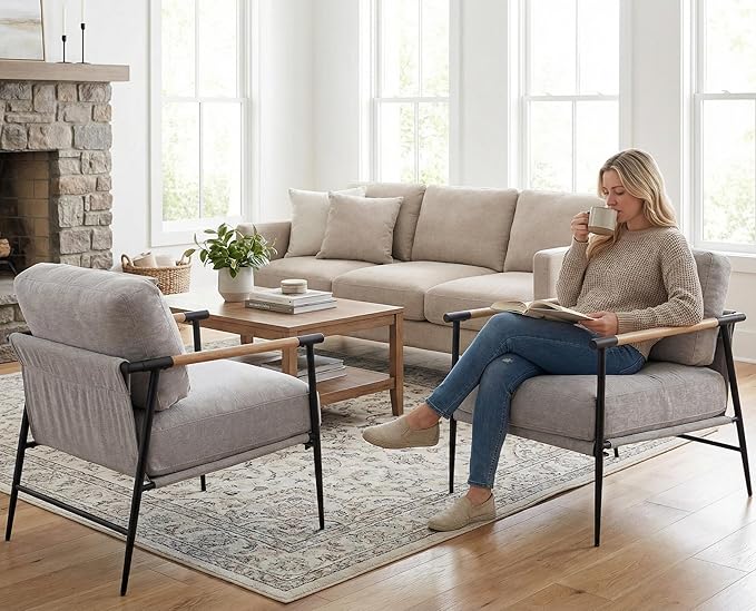 DUOMAY Mid-Century Modern Accent Chair Armchair Set of 2 Soft Linen Fabric Sofa Lounge Chair Reading Chair with Metal Leg for Living Room Bedroom Office Grey