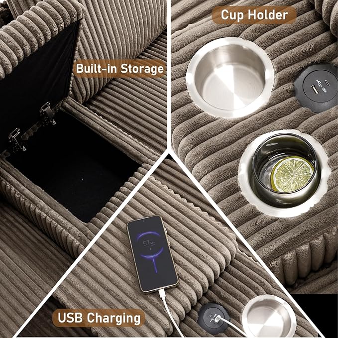 133 Oversized U Shaped Cloud Couch Modular Sectional Couches for Living Room Comfy Corduroy Deep Seat Sofa Set with Double Chaise Lounge Storage Central Console Cup Holders USB Port Brown