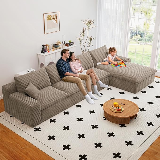 Cloud Sectional Couch136 Inch Modular Sectional Sofa with Deep Seat Modern Corduroy Boneless Couches with L-Shape Chaise for Living Room Bedroom No Assembly Required (Camel Right Facing Chaise)