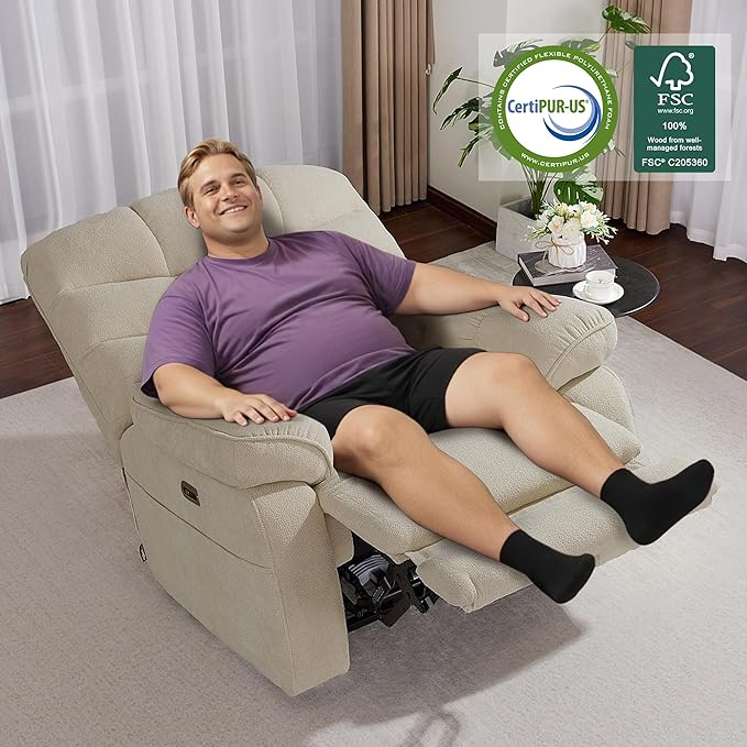 MCombo 27'' Oversized Recliner Power Recliner Chair for Big and Tall Zero Gravity Recliner with USB Charge Ports Side Pockets for Living Room Fabric PR677 (Beige)
