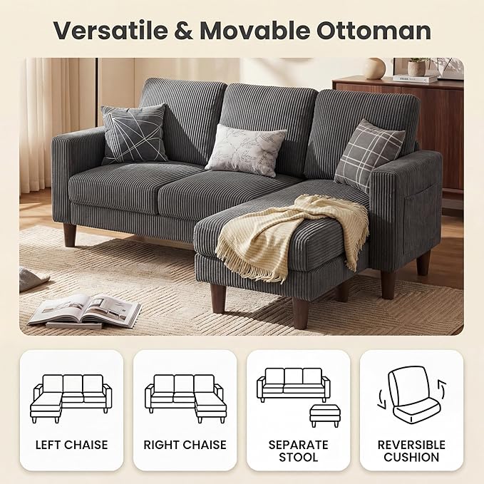 Homall 3 Seat Couch L Shape Sofa with Side Storage Pockage Sectional Couches with Reversible Ottoma Upholstered Sofa for Living Room and Small Spaces (Corduroy Grey)