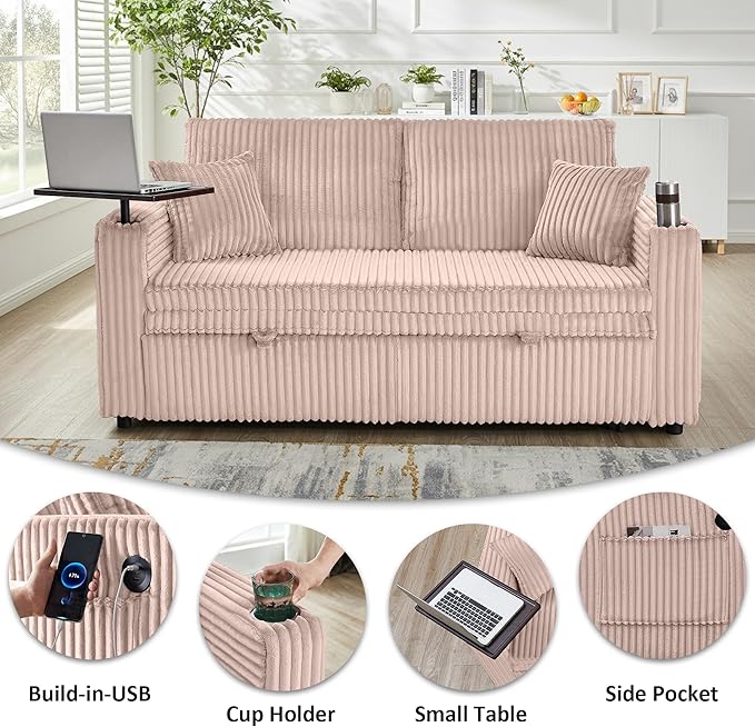65in Sleeper Sofa Bed Convertible Pull Out Couch with Small Table| USB Port | Cup Holder | Corduroy Fabric | Adjustable Backrest for Apartment Office Bedroom Guest Room (Pink)