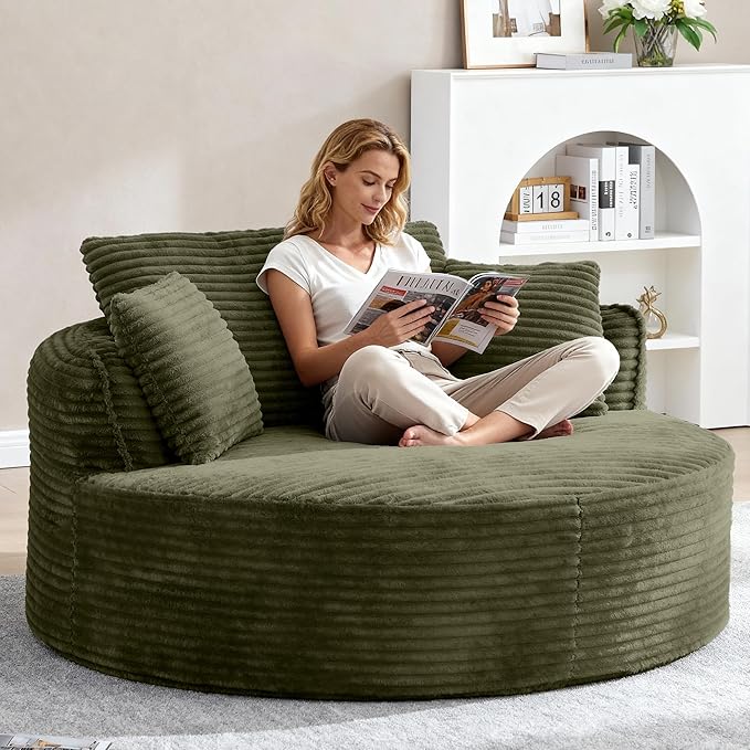 Oversized Round Chair Lounge Chaise Indoor 53.5 Upholstered Corduroy Deep Seat Single Cloud Sofa Chair Fluffy Modern Large Circle Boneless Sleeper Sofa for Living Room Bedroom Green