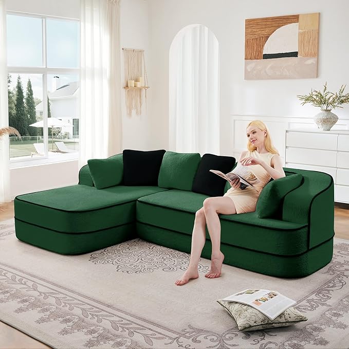Ball &amp Cast 106 Cloud Sectional Couch with L-Shape ChaiseTeddy Fabric Boneless Modular Sofa with Deep Seat32D High Density SpongeUpholstered Couch for Living RoomNo Assembly RequiredGreen(Le