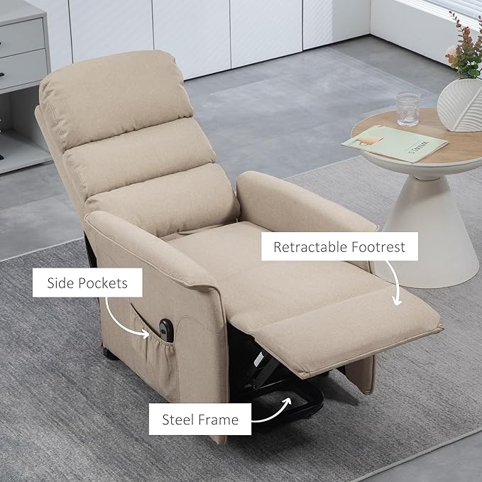 HOMCOM Power Lift Recliner Chair for Elderly Easy Assembly Fabric Lift Chair for Adults Recliner Sofa with Remote Control Side Pockets for Living Room Beige