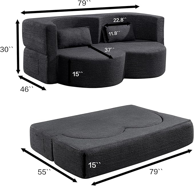 Convertible Folding Sofa Bed79”Full Size Floor Sleeper Boneless CouchTeddy Velvet Full Foam Futon Loveseat for Living Room BedroomNo Assembly Required (Black)