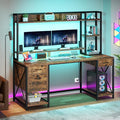 YITAHOME Computer Desk with Hutch &amp Drawers 59 Office Desk with Power Outlets Gaming Desk with LED Lights and Storage Shelves Rustic Brown