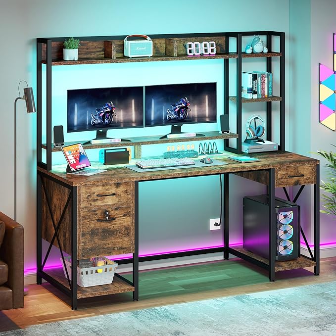 YITAHOME Computer Desk with Hutch &amp Drawers 59 Office Desk with Power Outlets Gaming Desk with LED Lights and Storage Shelves Rustic Brown