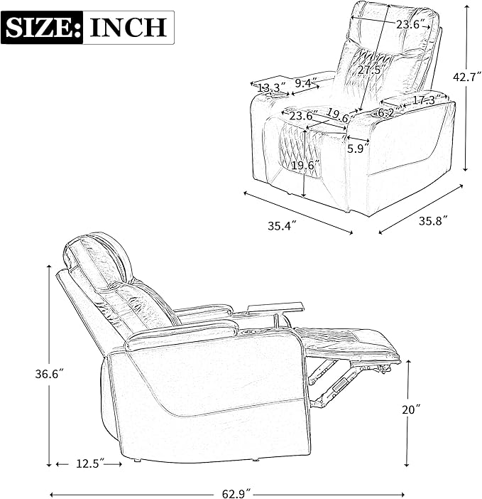 Recliners Chair with 360° Swivel Tray USB Charging Hidden Arm Storage &amp Cup Holders - Living Room Recliner Chairs Comfy Bedroom Recliners for Adults Lazy Boy Reclining ChairsBrown