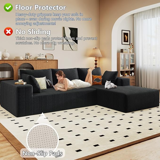 96 Modular Sectional Sofa Modern Corduroy Cloud Couch with Deep Seat Boneless Couch Upholstered 3-Seater L-Shaped Sofa for Living Room No Assembly Required (Black Right-Facing Chaise)