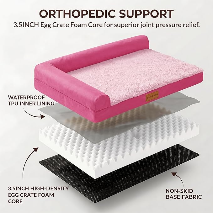 Patas Lague Orthopedic Jumbo Dog Bed for Extra Large Dogs 56''X40'' Waterproof L Bolster Pet Sofa Beds with Removable Washable Cover Soft Comfortable Pet Couch Crate Mat with Nonskid Bottom Pink