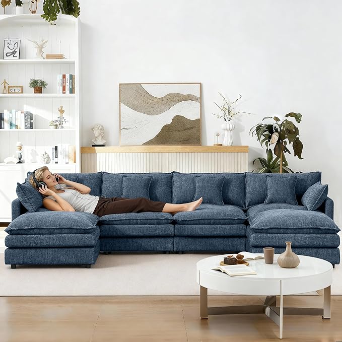 130.7 U Shaped Modular Sectional Sofa Comfy Upholstery Chenille Cloud Couch with Ottoman Modern 6-Seat Deep Seat Sofa with Pillow for Living Room Bedroom Apartment Navy Blue