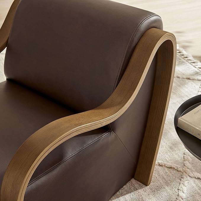 Modway Atrium Vegan Leather Upholstered Lounge Chair in Espresso with Sculptural Bentwood Arms – Mid-Century Modern Accent Armchair for Living Room or Bedroom