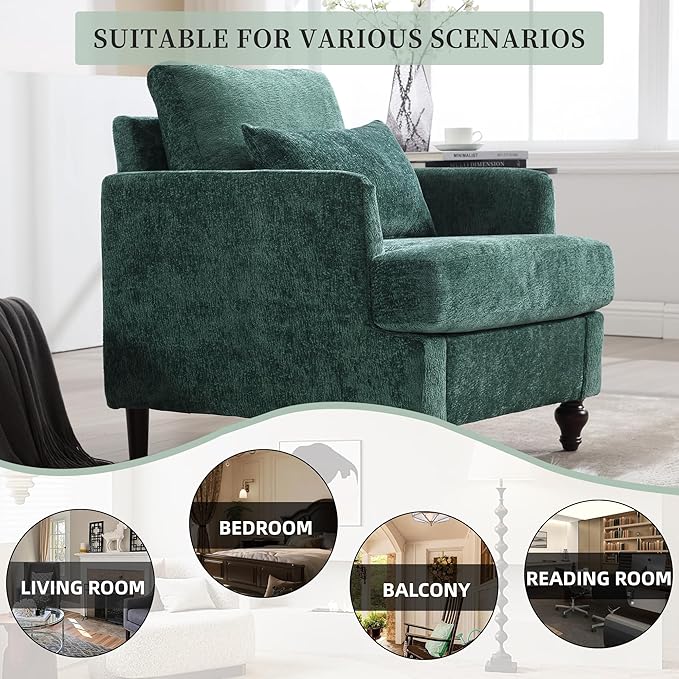 Modern Accent Chair Living Room Upholstered Chenille Armchair with Waist Pillow Single Sofa for Living Room Bedroom Office Emerald