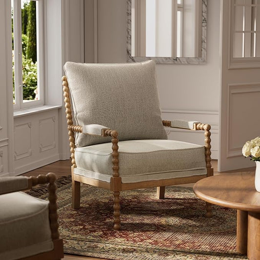 Morden Fort Linen Fabric Spindle Accent Chair with Wood Frame French Style Accent Chairs with Padded Spring Seat and Armrest Pads Brushed Base for Living Room Bedroom Farmhouse Office Balcony(Beige)