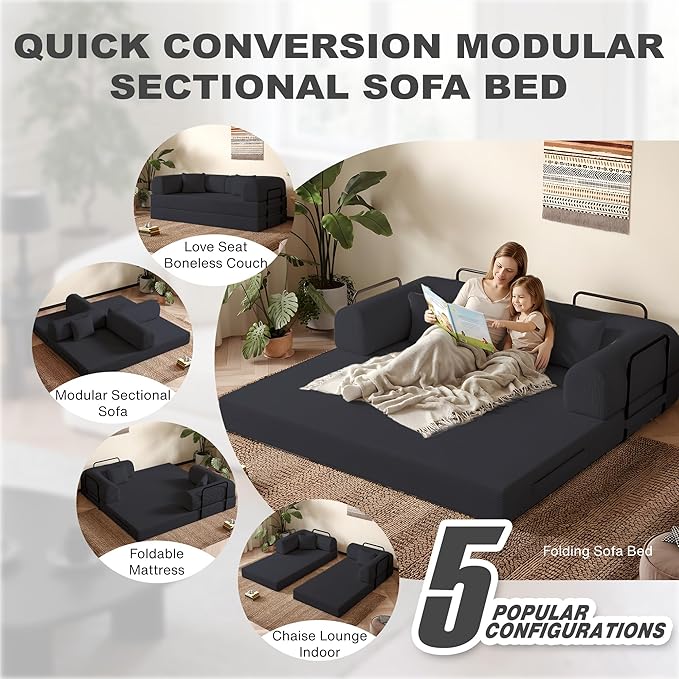 79'' Folding Sofa Bed 5-in-1 Convertible Sofa Bed BonelessComfy Foldable Foam Couch with Pillow Modular Floor Couch for Living RoomBedroomLounge - Corduroy Black
