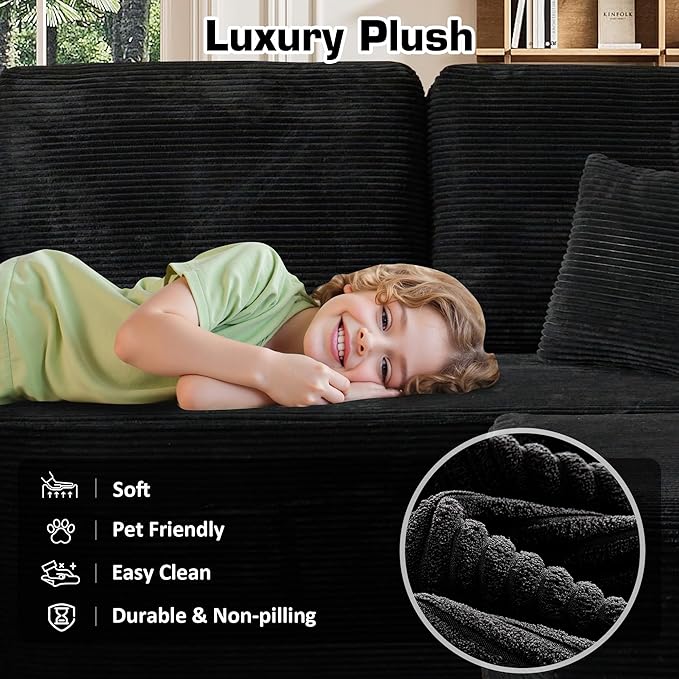 106 Cloud Sectional Couch with L-Shape Chaise &amp Ottoman No Assembly Modular Sofa Deep Seat Corduroy Boneless Couched for Living Room (Black Stripe Corduroy L Shape with Ottoman-Left Facing)