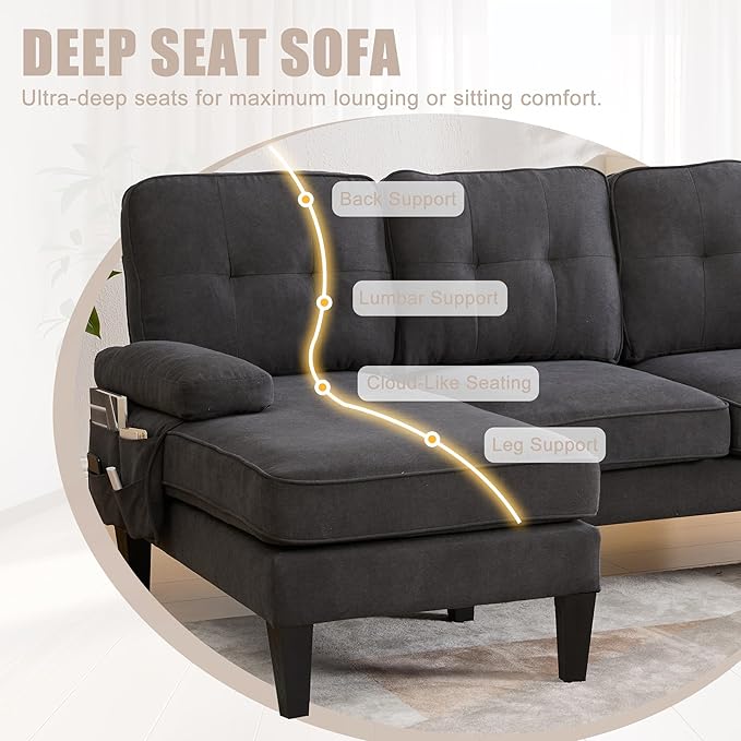 100'' U-Shaped Sectional Sofa with Double Chaise Minimalist 4-Seater Couch with 2 Pillows Sofa Set with Arm &amp 2 Side Pocket for Living Room Apartment (Grey)