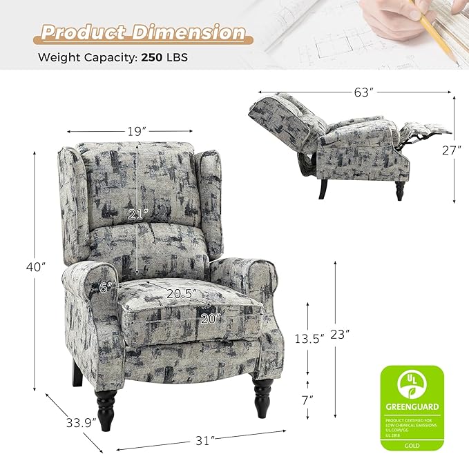 HULALA HOME Upholstered Wingback Recliner Chair Small Adjustable Footrest Push Back Single Reclining Sofa Mid Century Modern Lounge Armchair for Living Room Bedroom Reading/Grey