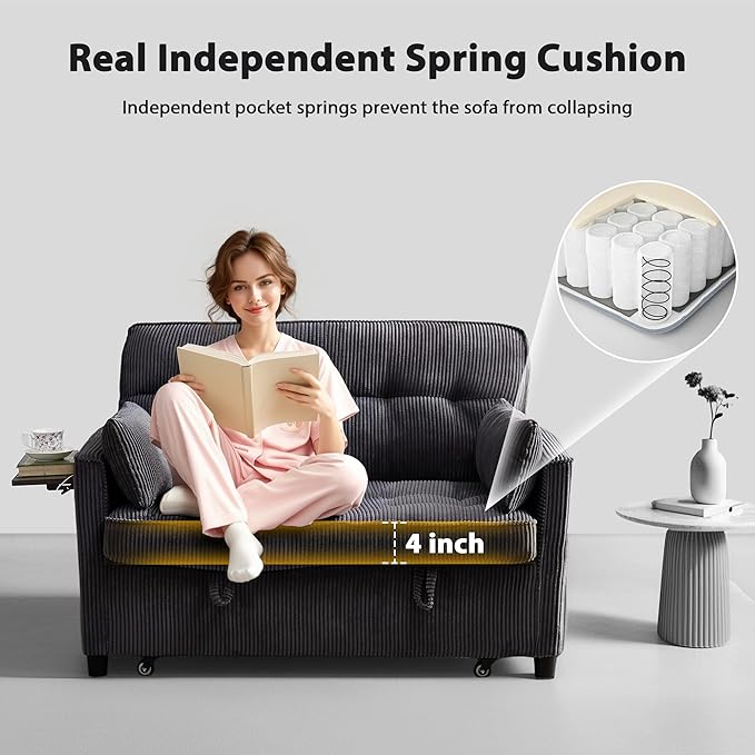 Sleeper Sofa Bed 55‘’ Convertible Pull Out Couch with Small Table| USB Port | Side Pockets | Corduroy Fabric | Adjustable Backrest for Apartment Office Bedroom Guest Room