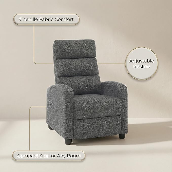 Furnimart Small Manual Recliner Chair for Small Spaces Overstuffed Chenille Reclining Chair with Chunky Cushion Comfortable Single Sofa Recliner for Adults Living Room Bedroom Home Theater Gray