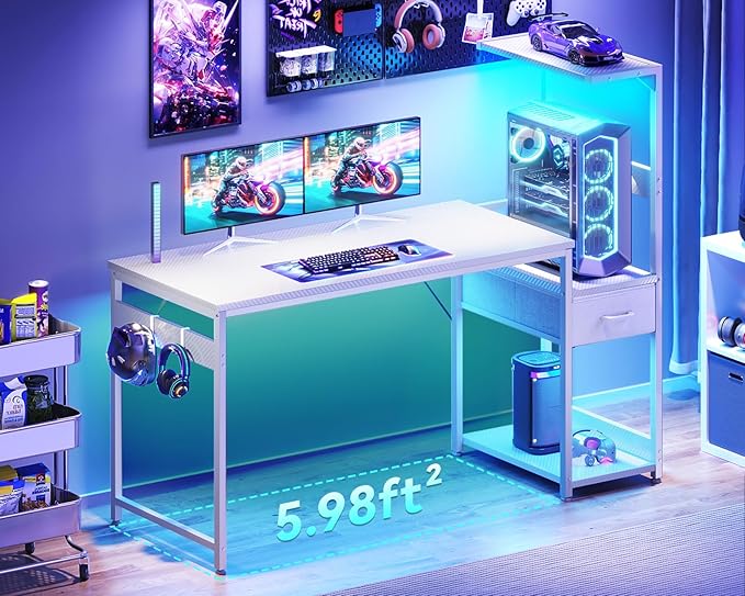 Casaottima 54 Inch Gaming Desk with Storage &amp LED Lights Reversible Computer Desk with Display Shelves &amp Fabric Drawer Modern Gamer Desk Table with Side Headphone Hook Carbon Fiber White