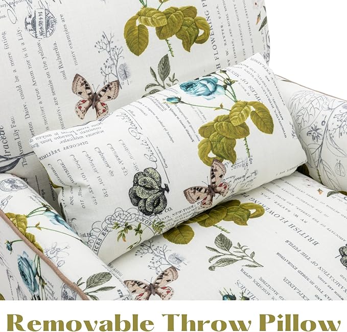 Floral Accent Chair with Arms Linen Fabric Modern Arm Chair with Removable Pillow Upholstered Corner Reading Chair Comfy Single Sofa for Living Room/Bedroom/Fireplace Beige-Butterfly Pattern