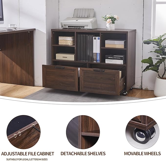 60 L-Shaped Executive Desk with 40 File CabinetFarmhouse Home Office Desk with Charging StationWood Computer Desk Set for Office WorkHome Study (Brown)