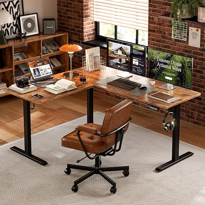 Grandder L Shaped Standing Desk Adjustable Height Electric Standing Corner Desk 63 Inch Sit Stand Computer Table with Splice Board Rustic Brown