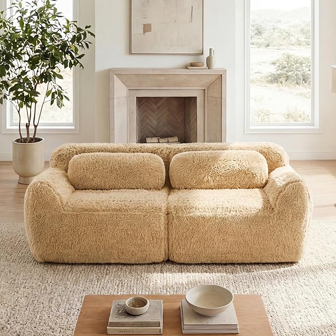 80.4-Inch Boneless Love Seat Couches in a Box Modern 2 Seat Floor Modular Foam Cloud Sofa Faux Fur Loveseat Couch W/Angle Armrests for Home Apartments Bedroom