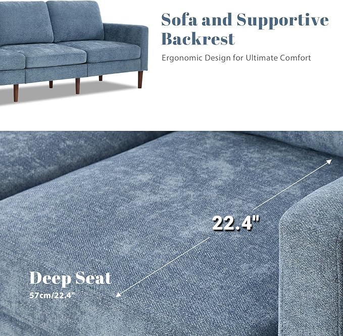 Kingfun 91.7 3 Seater Sofa with Chair Chenille Couch Mid Century Modern Couches with Solid Wood Legs for Living Room &amp Bedroom Light Blue