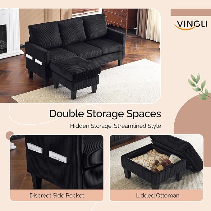VINGLI 68.5' L Shaped Couch with Movable Storage Convertible Sectional Sofa in Corduroy Fabric Modern Reversible Chaise Couch for Small Spaces Apartment Living RoomBlack