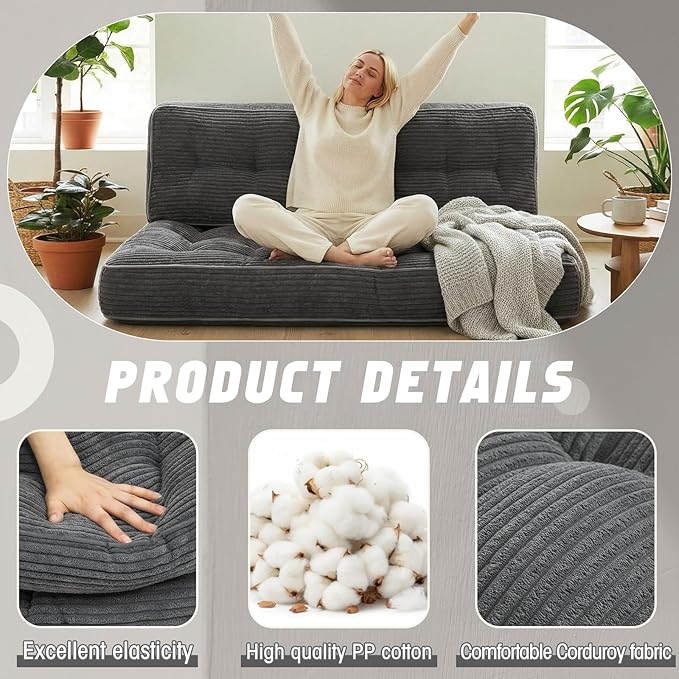 63 Inch Folding Bench Cushion 4 Inch Thick 2-in-1 Convertible Long Floor Lounger Boneless Cushions Couch Mattress Upholstered for Yoga Reading Sleeping Meditation Living Room(Dark Grey)