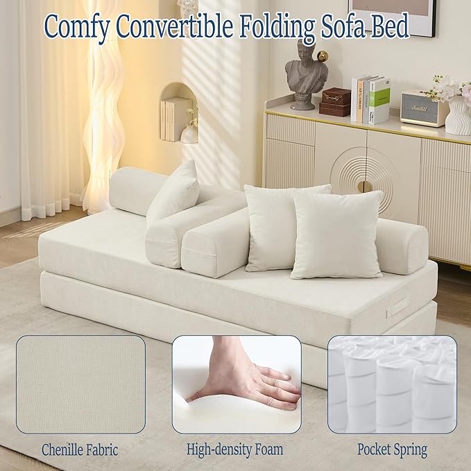 Convertible Folding Sofa Bed Modular Floor Couch 78.8‘’ Cloud Sleeper Sofa with Removable Backrest Chenille Foldable Mattress Couch Lazy Loveseat for Small Space Apartment Bedroom Beige