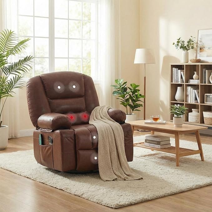 Oversized Wide Recliner Chair-Heat and Vibration Massage PU Leather Manual Recliner for Adults 360° Swivel Rocker Chair with Cup Holders &amp Side PocketLazy Boy Chair for Living Room BedroomBro