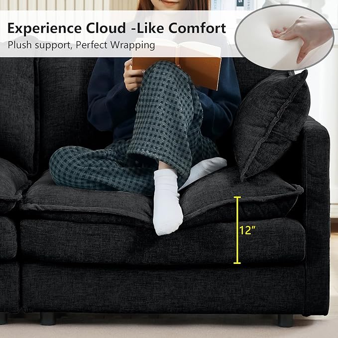 GNIXUU 102 Modular Sectional Sofa L Shaped Cloud Couch with Movable Ottoman &amp 4 Pillows Deep Seat Chenille 4 Seater Sectional Couches for Living Room Apartment (Black)