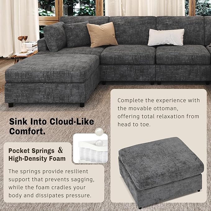 LUMISOL Sectional Couch for Living Room Large U-Shaped Furniture Upholstered Sofa with Removable Ottoman 6 Seat Chenille Fabric Sofa Set for Large Space Gray