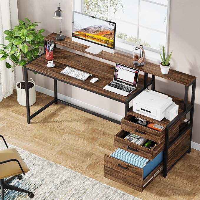 Tribesigns 63 Inch Computer Desk with File Drawer Cabinet Ergonomic Office Desk with Monitor Stand Industrial Computer Table with Printer Space Wood PC Table Workstation Desk for Home Office