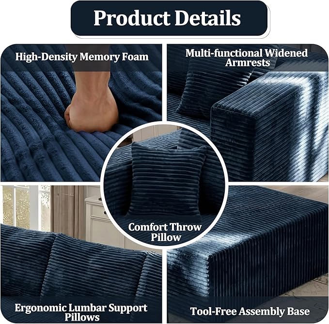 92.5'' L-Shaped Cloud Modular Sectional Sofa Modern Corduroy Memory Foam Couch with Left Facing Chaise Lounge Upholstered Boneless Deep Seat Fluffy Sofa No Assembly Needed for Home Navy Blue