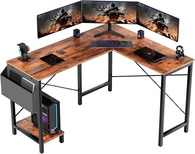 YSSOA 50 L Shaped Gaming Desk with Reversible Corner - Home Office Computer Desk with Wood Top Metal Frame CPU Stand &amp Storage Bag for Small Space Gaming Room Rust