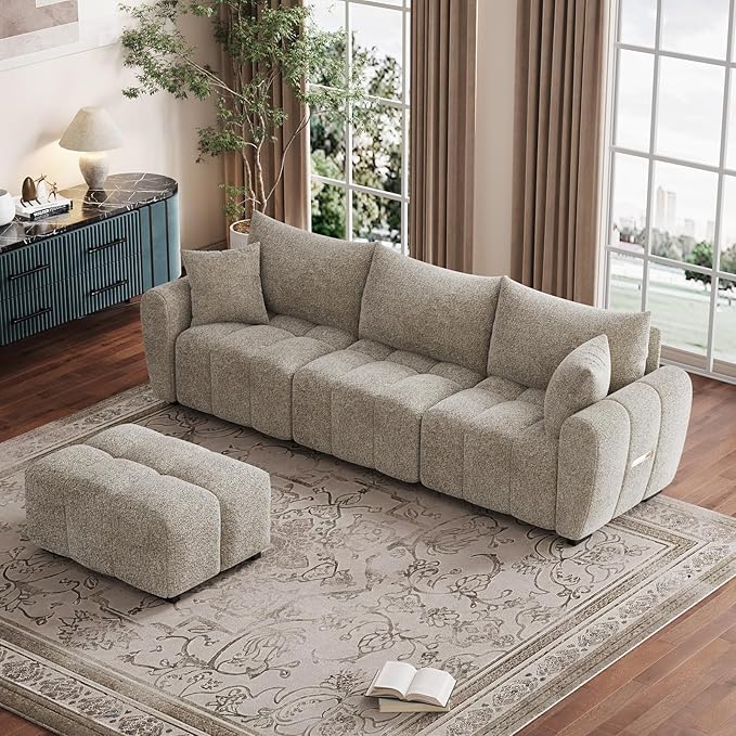 110 L Shaped Modern Boucle Sofa Modular Sectional Cloud Couch with Ottoman Tufted 4-Seat Deep Seat Sofa with Pillows for Living Room Bedroom and Apartment Light Brown