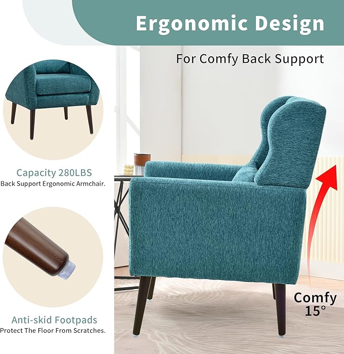 Modern Accent Chair Upholstered Arm Chair with Waist Pillow Single Sofa Chair for Living Room Bedroom Small Spaces (Teal)